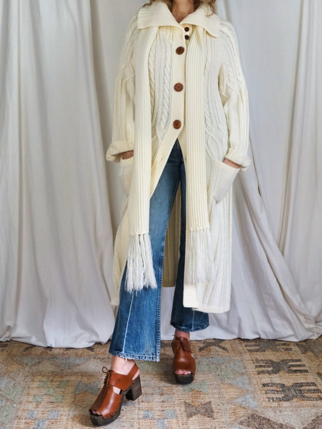 Vintage Vanilla Long Cable Knit Sweater-closiTherapi | vinTage