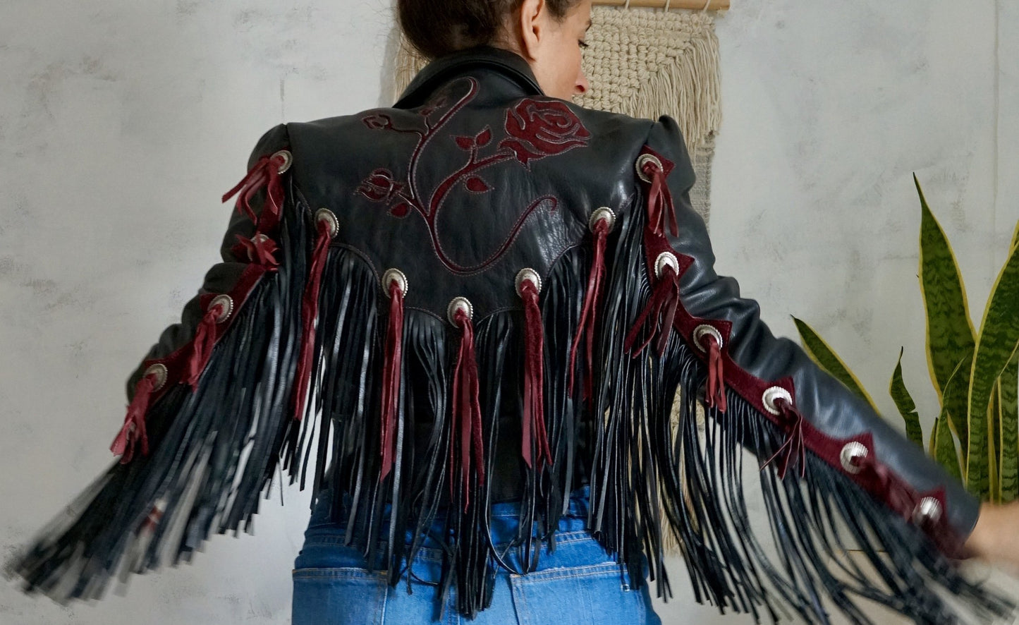 Vintage Wild Rose Leather Fringe Jacket-closiTherapi | vinTage