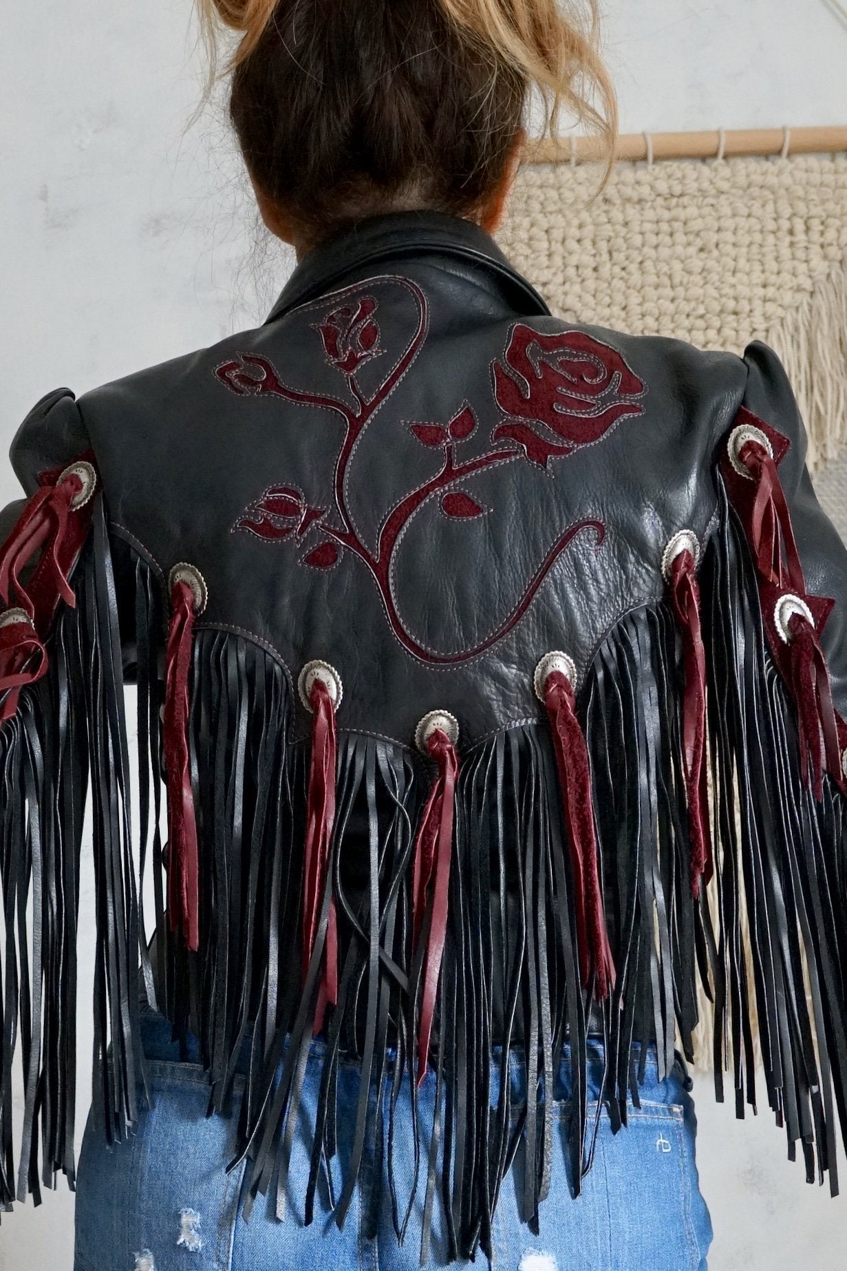 Vintage Wild Rose Leather Fringe Jacket-closiTherapi | vinTage