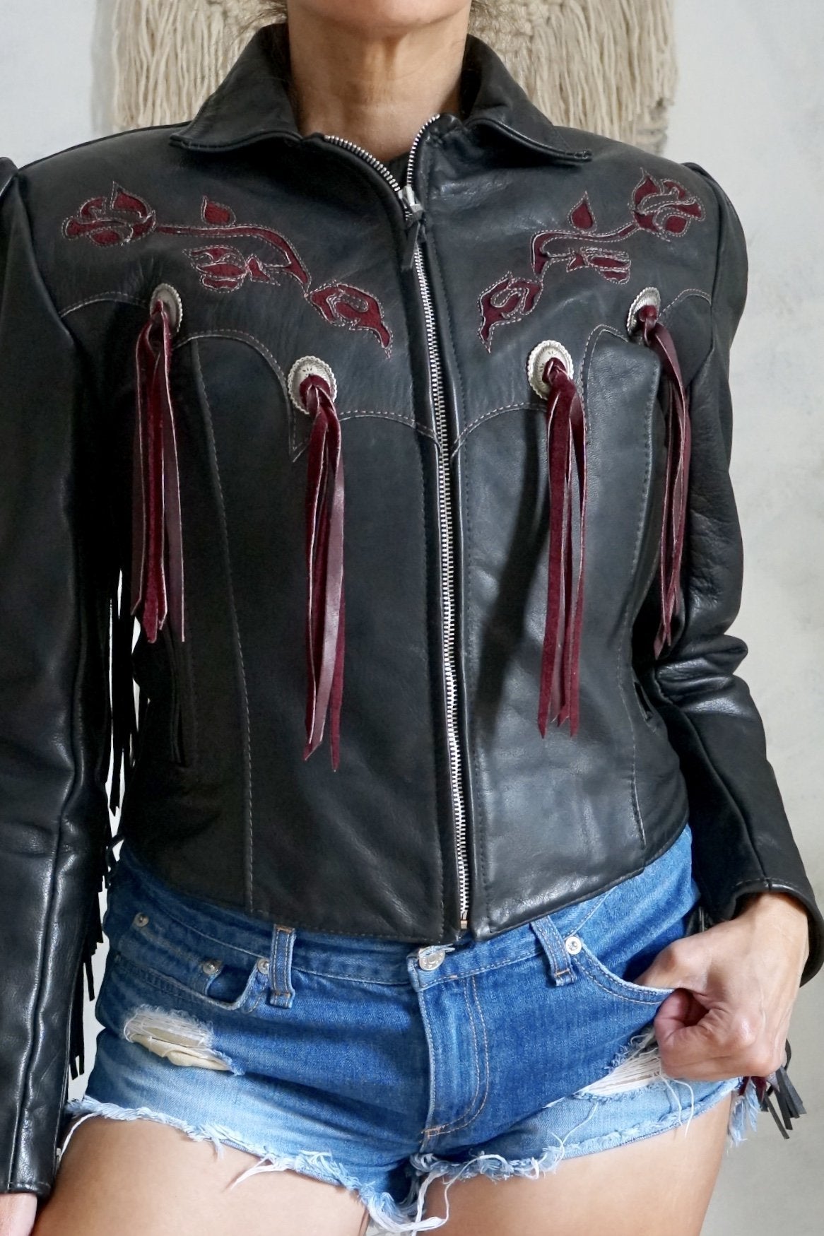 Vintage Wild Rose Leather Fringe Jacket-closiTherapi | vinTage